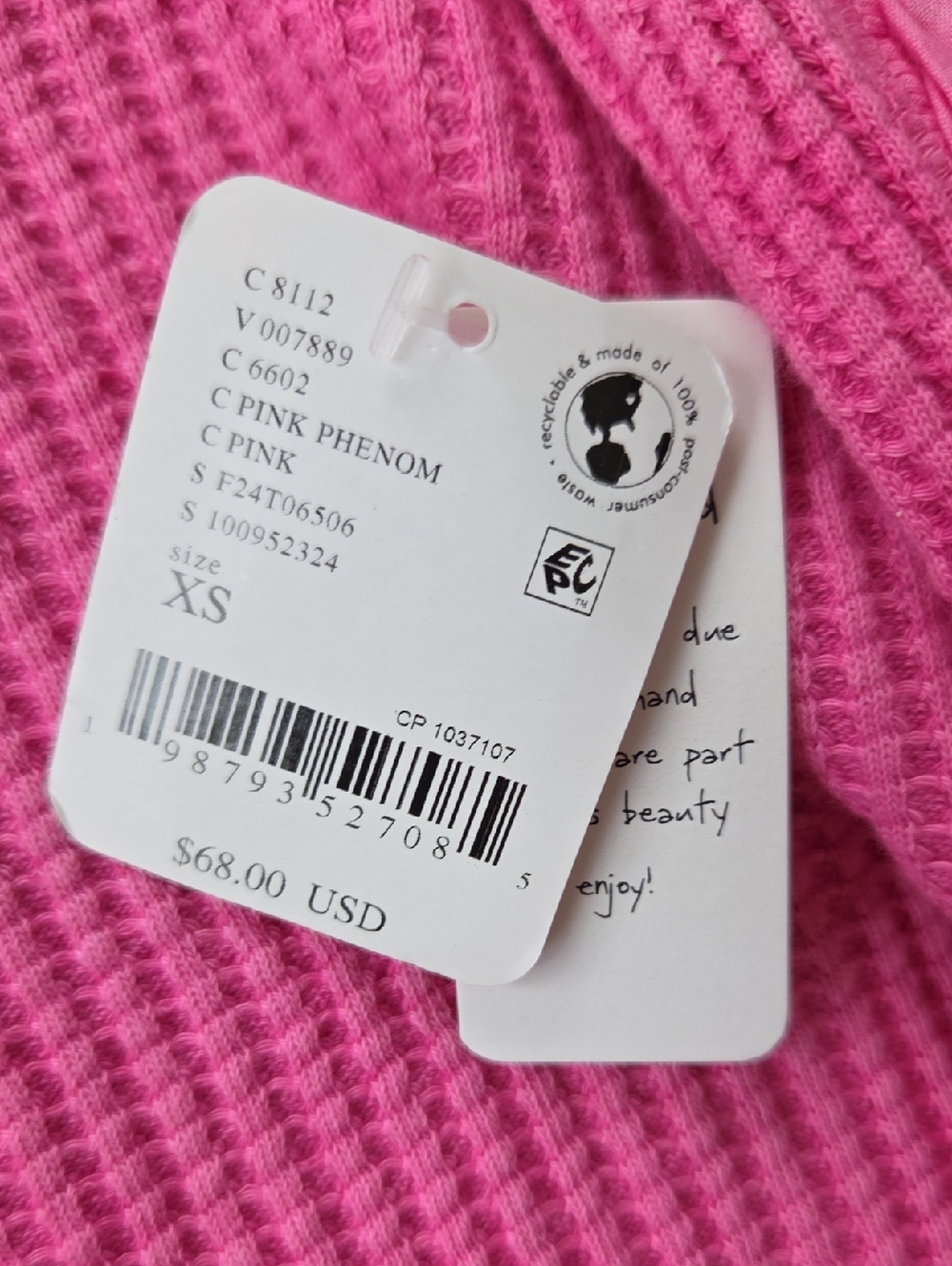 Free People One Blake Thermal Top Pink Phenom XS New - Picture 3 of 7